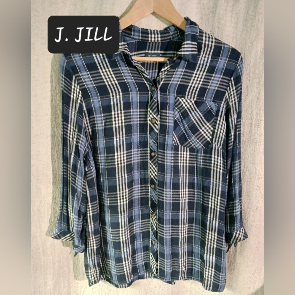 J JILL DENIM plaid print top blouse womens size medium